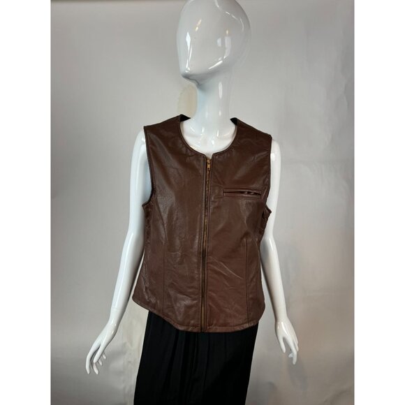 Ellen Kreager Brown Leather Womens Vest With Front Zipper & Chest Pocket Large - Picture 7 of 16